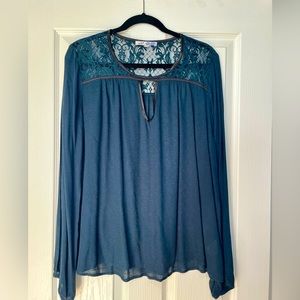 Deep green blouse with lace and satin trim